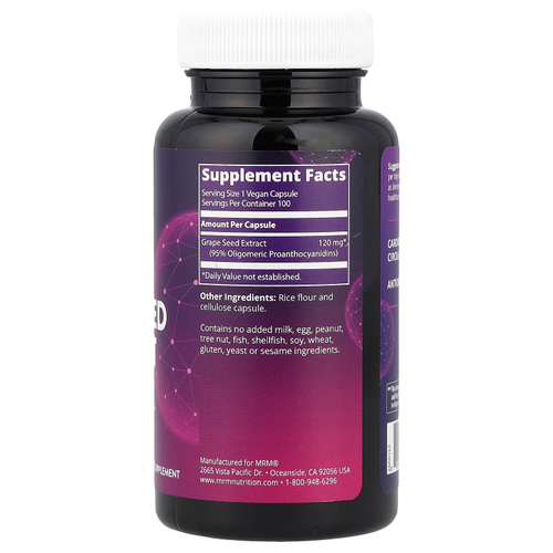MRM Nutrition, экстракт виноградных косточек, 100 веганских капсул (120 мг в 1 капсуле)
