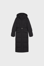 Long-length padded coat with metallic belt detail