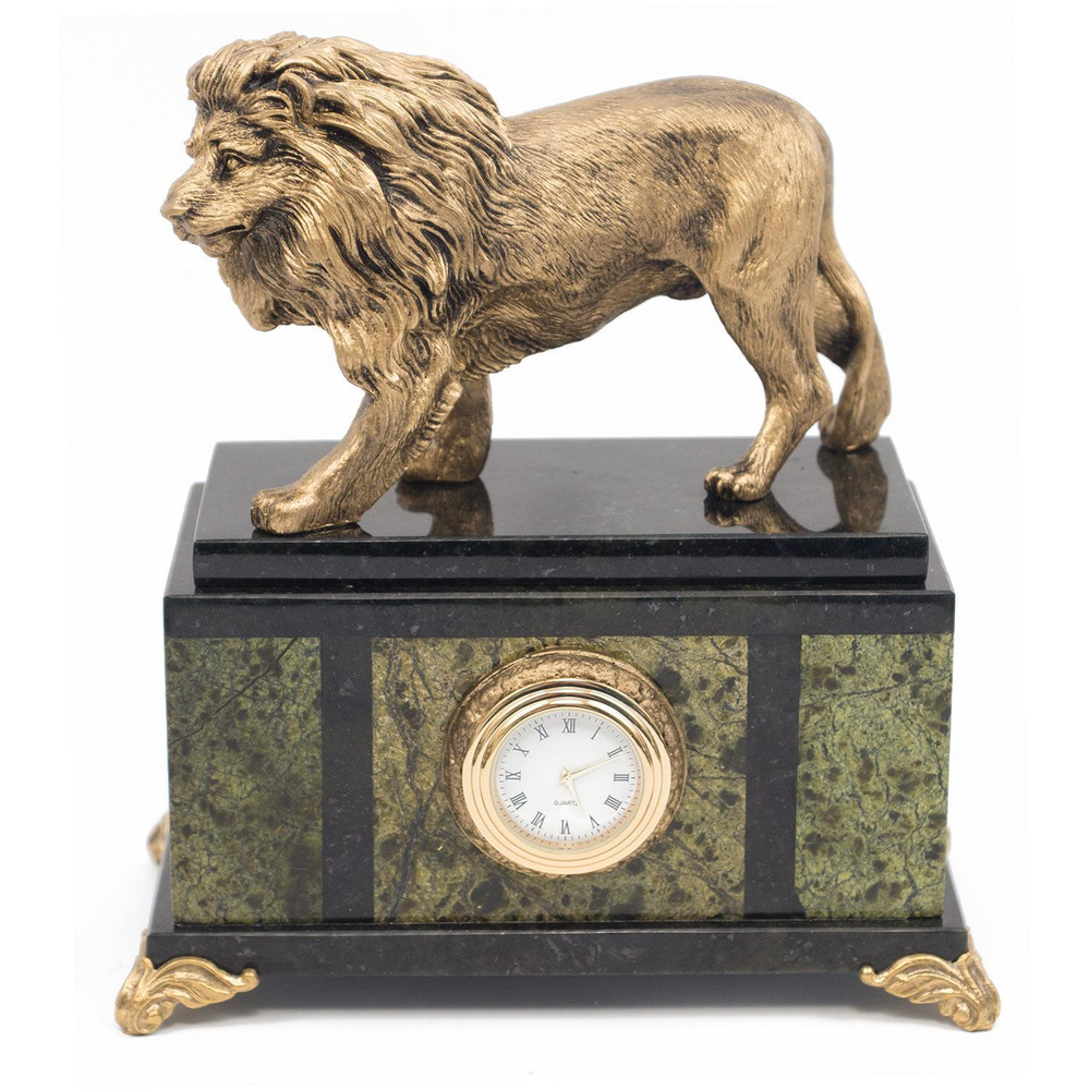 Часы "Лев" змеевик статуэтка мрамолит 175х100х200 мм 2550 гр. R117677
