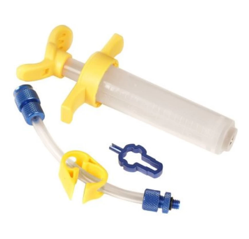 Набор TOOPRE для заливки герметика в Tubless, комплектация: пластиковый шприц 20мл с шлангом и зажимом, инструмент для выкручивания ниппеля, соединители Presta / Schrader, алюминий / пластик, жёлто-синий