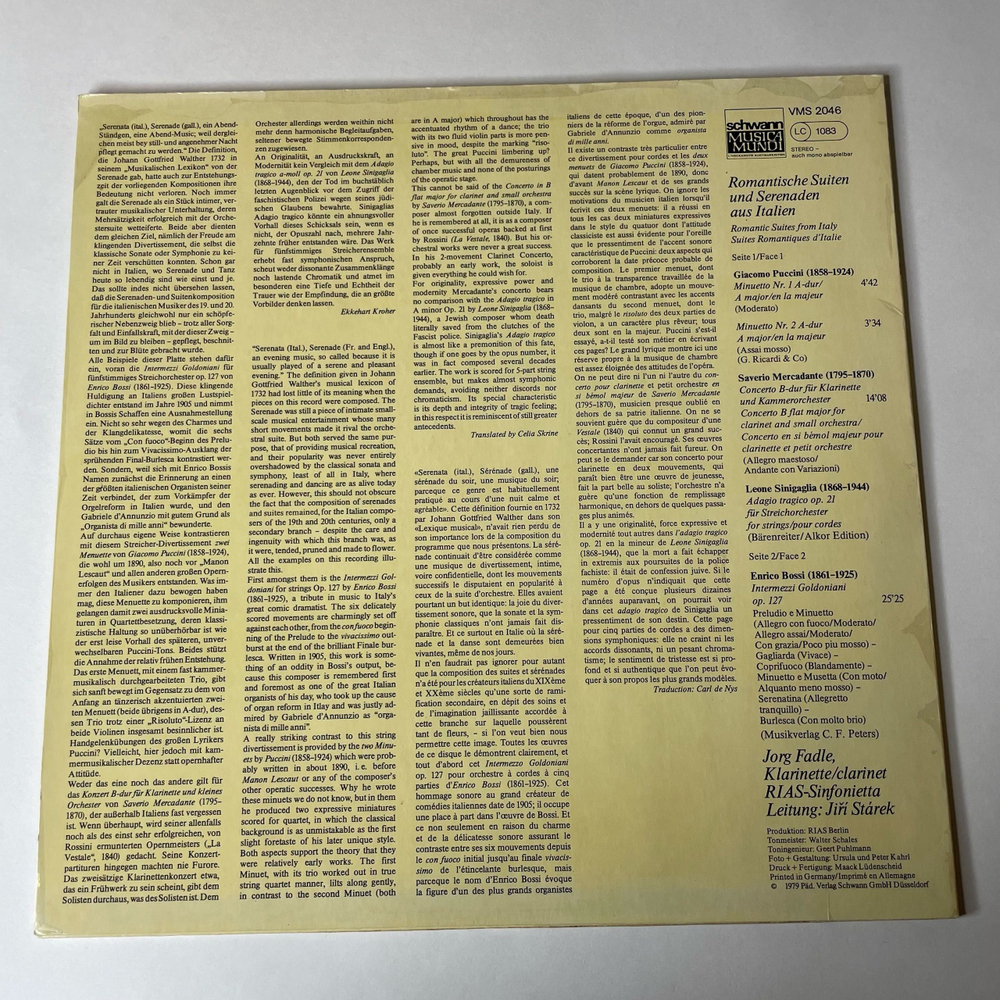 Винтажная виниловая пластинка LP Leone Sinigaglia, Giacomo Puccini, Marco Enrico Bossi, Giuseppe Saverio Mercadante, Romantische Suiten und Serenaden aus Italien (Германия 1979)