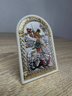 Георгий Победоносец, икона арочная, пластик белый, эмаль 80х115