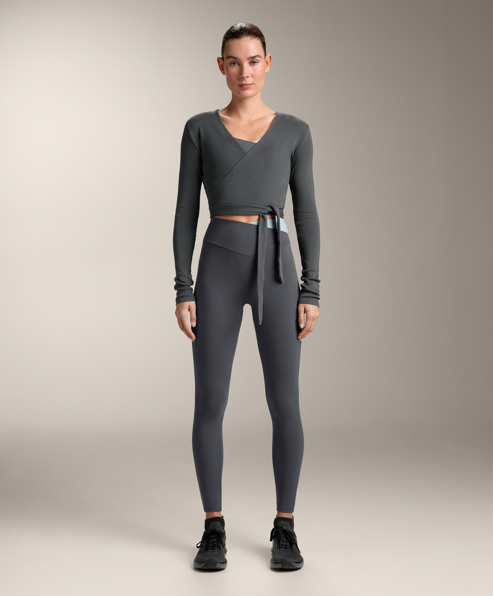 Oysho Футболка с длинными рукавами на запахе в рубчик, темно-серый