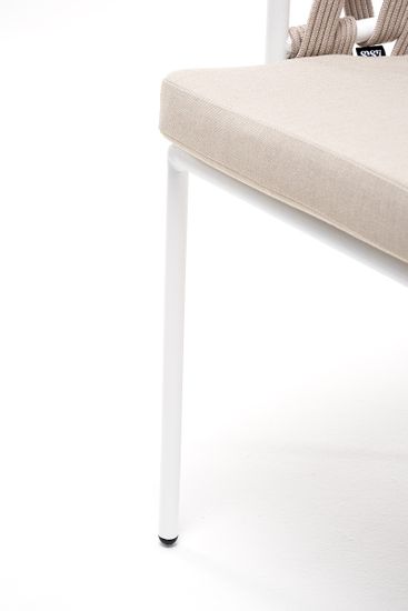 "Диего" стул плетеный из роупа, каркас из стали белый муар, роуп бежевый круглый, ткань бежевая 052