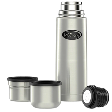Термос 0.75л Биосталь NB-750K2 с узкой горловиной 2 чашки пробка с кнопкой Серый (28ч соохраняет тепло) 80х295мм Вес 0.550кг