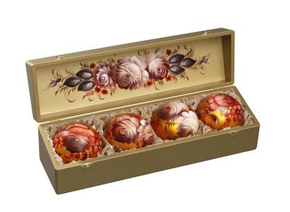 Zhostovo Christmas balls in wooden box - set of 4 balls SET04D-667785827