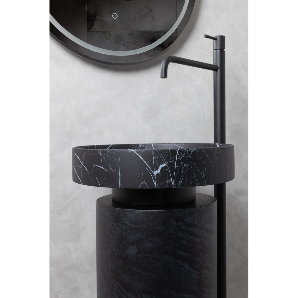 Раковина накладная Boheme Sole Corian 400*130 Nero Marquina с пьедесталом Corian 300*720 Black Wood