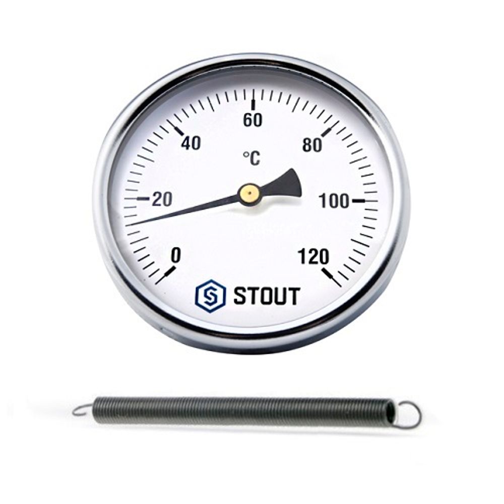 Термометр биметаллический накладной STOUT - 1/2&quot; (D63 мм, шкала 0-120°C, с пружиной)