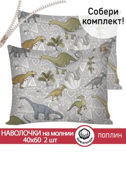 Наволочка комплект 2шт поплин Сказка "Юрский период" 40x60 см на молнии