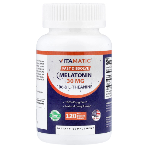 Vitamatic, мелатонин, витамин B6 и L-теанин, со вкусом натуральных ягод, 120 быстрорастворимых таблеток