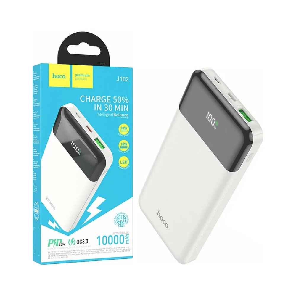 Портативное зарядное устройство (повербанк) Hoco J102 Cool Figure, 10000mAh, 1xUSB, 1xUSB-C, 3A, Li-Pol, LED-дисплей, белый