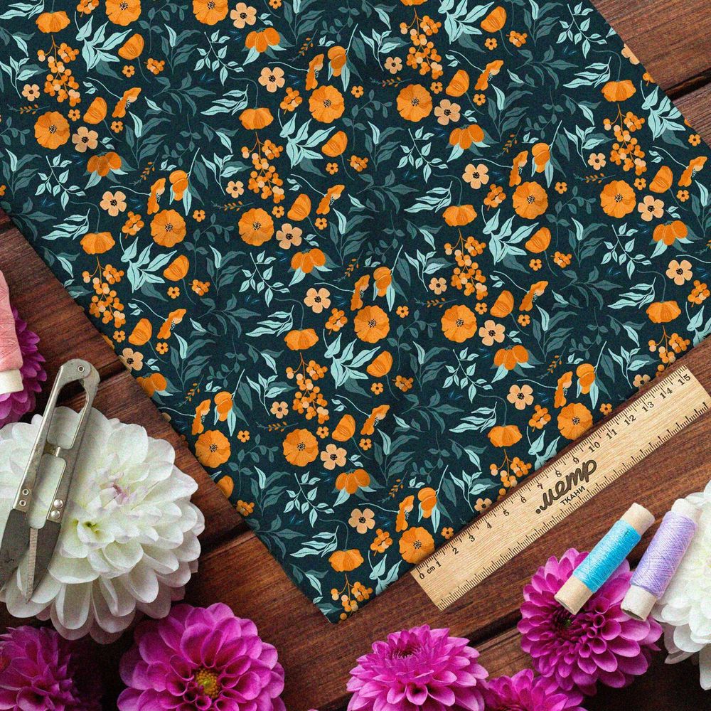 Ткань барби выцвевшие оранжевые цветы и зелень