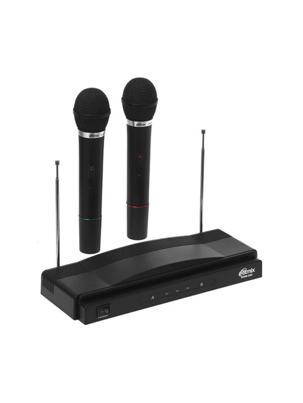 RITMIX RWM-210 {2 микрофона: 87.5 МГц - 92 МГц; раб. частоты: 100 Гц - 10 000 Гц;Чувств.: -30 дБ +/-3 дБ; пит. системы: AC 220 в  / 500 мА}