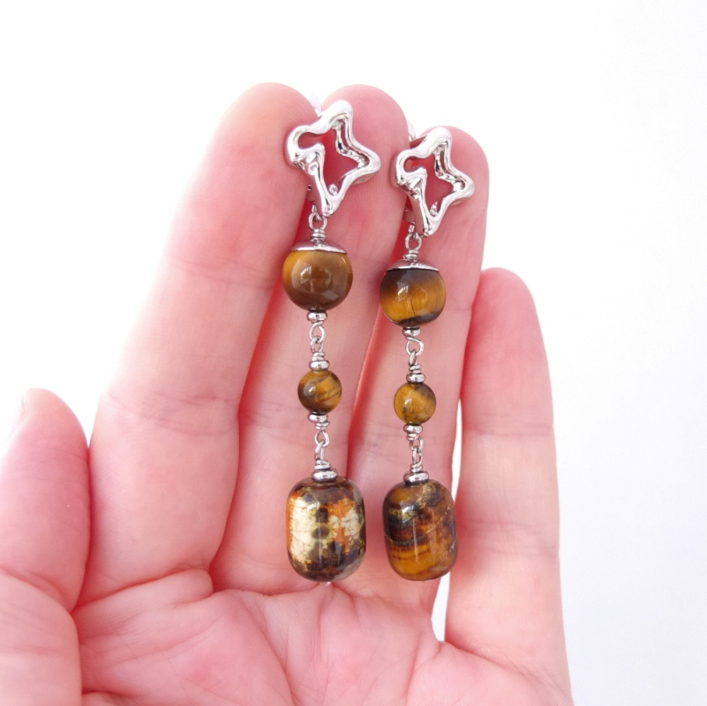 Серьги длинные с оливковым агатом и тигровым глазом