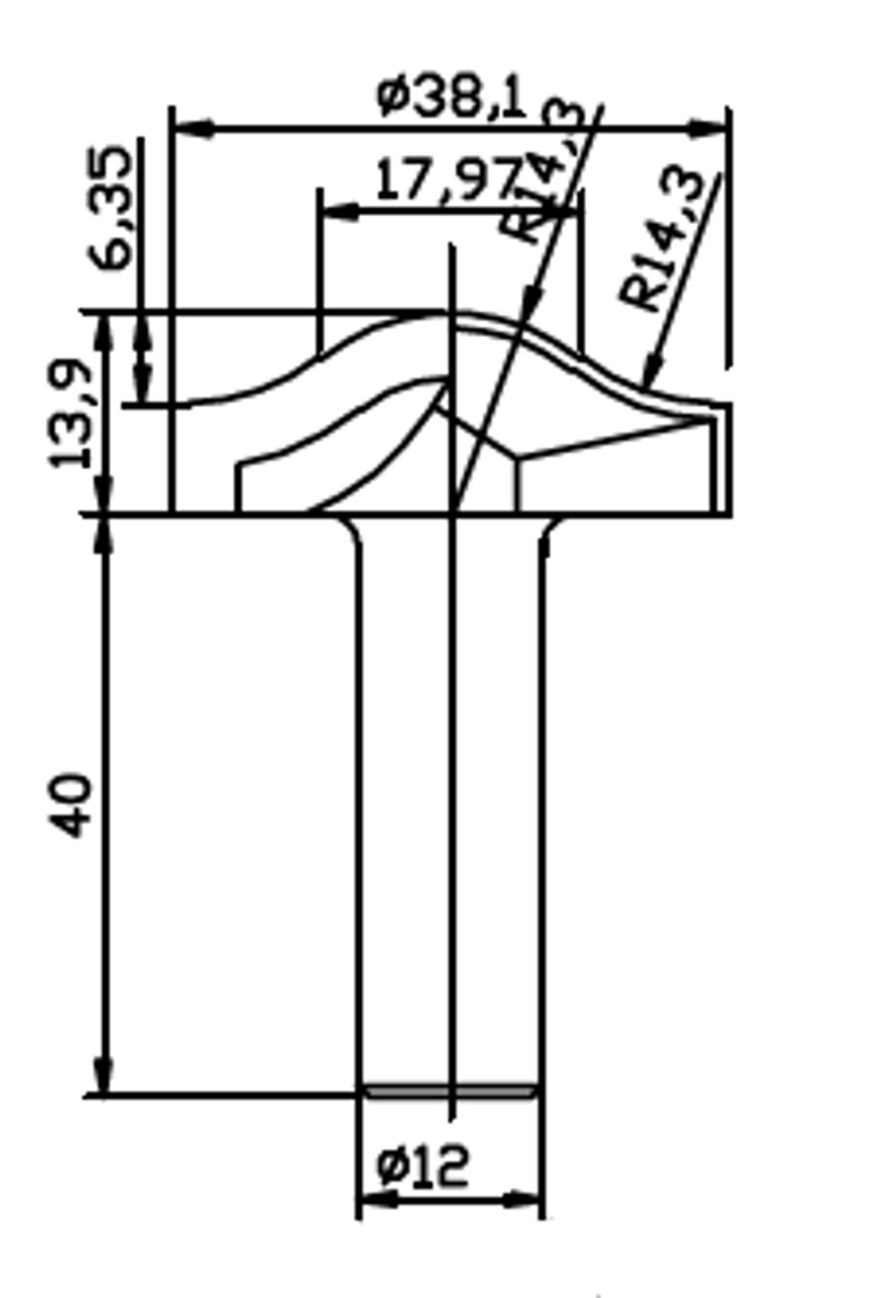 PCD профильная фреза D.38.1x13.9 42x40 Z2