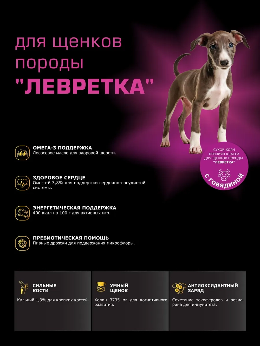 Корм для щенков Левретка, с говядиной, 800 гр, QUATTRO