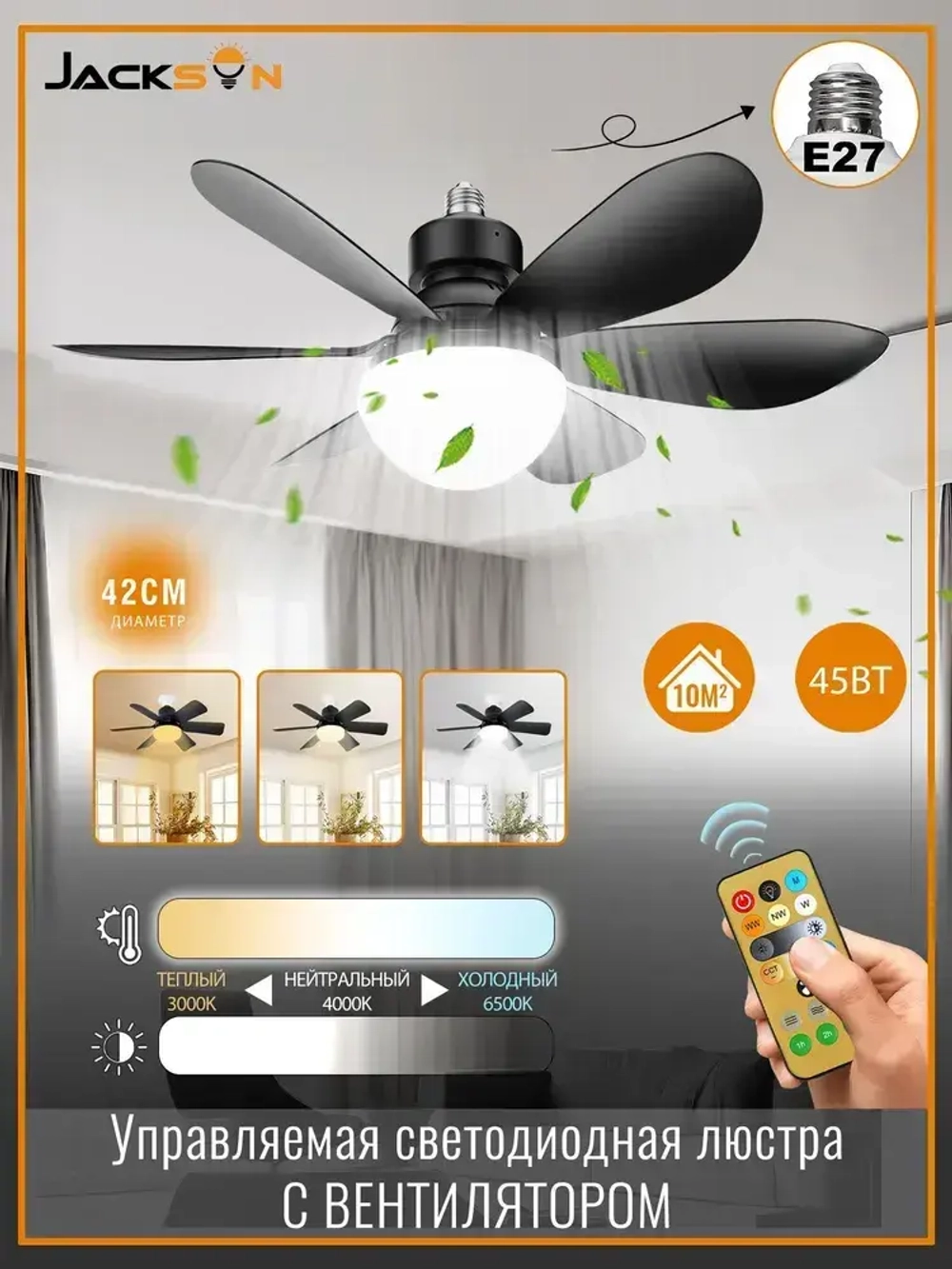 Потолочный вентилятор 45W Черный E27 диммируемый