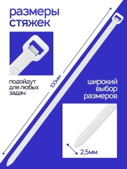 Стяжки пластиковые 2,5х100мм, белые, 100 штук