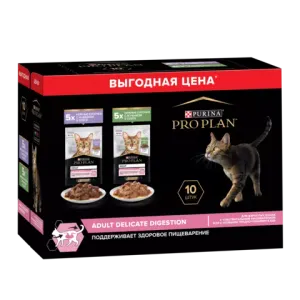 Влажный корм Pro Plan Delicate Digestion для кошек для чувствительного пищеварения с индейкой в соусе, с ягненком в соусе 85 г х 10 шт.