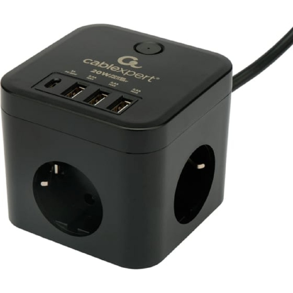 Сетевой фильтр Cablexpert Сетевой фильтр Cube CUBE-3-CU3-B-1.5 (3р, 10А, 1xType-C PD, 3xUSB, 1.5м, ур.защиты 4+) черный, коробка