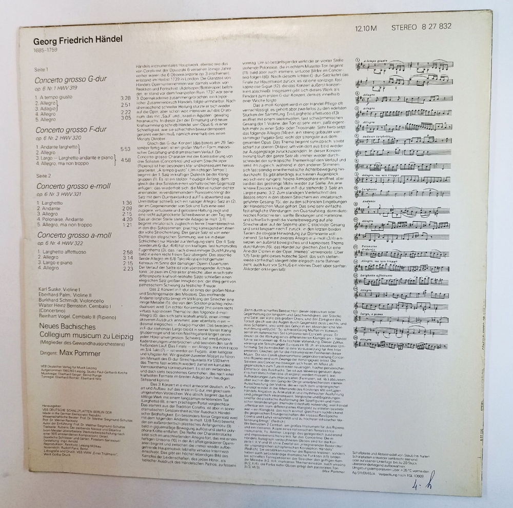 Винтажная виниловая пластинка LP Handel Гендель Neues Bachisches Collegium Musicum Zu Leipzig, Max Pommer Concerti Grossi Op. 6 Nr. 1 4 (ГДР 1985)