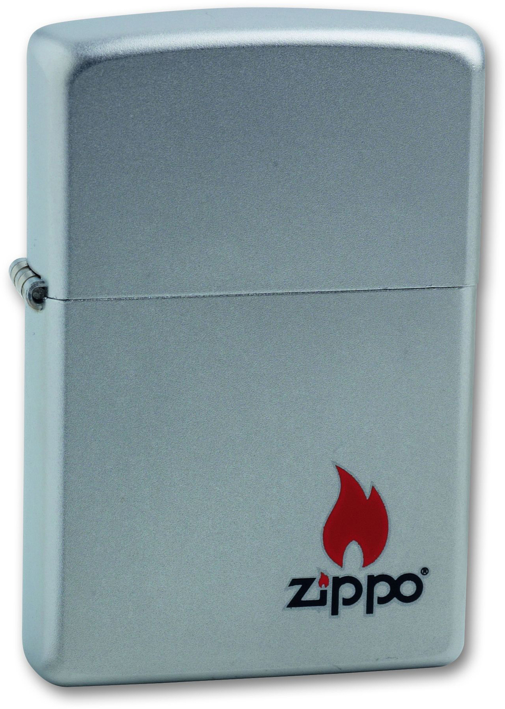 Легендарная классическая американская бензиновая широкая зажигалка ZIPPO Classic Satin Chrome™ серебристая матовая из латуни и стали с изображением пламени и логотип Zippo ZP-205 ZIPPO