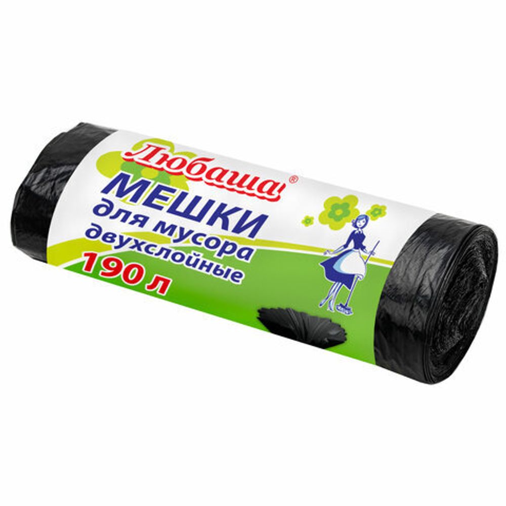 Мешки для мусора 190 л черные в рулоне 10 шт., 23 мкм, 90х120 см, ЛЮБАША ", 607681
