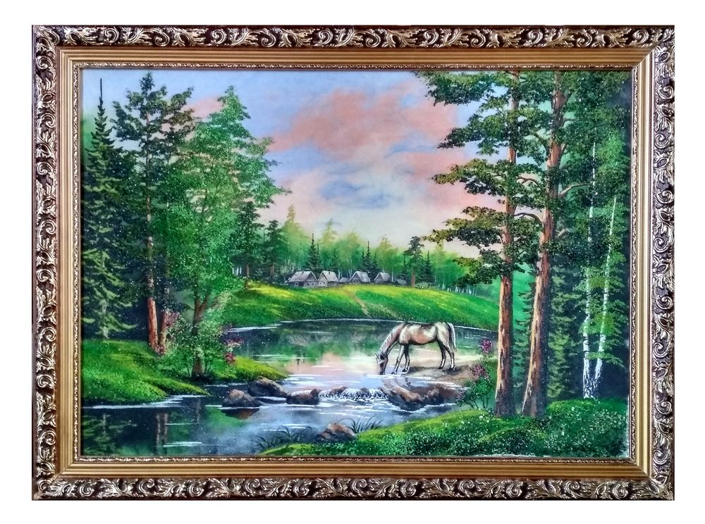 Картина №7 &quot; На водопое&quot; рисованная уральскими минералами в деревянном багете, размер 60-80-3смсм