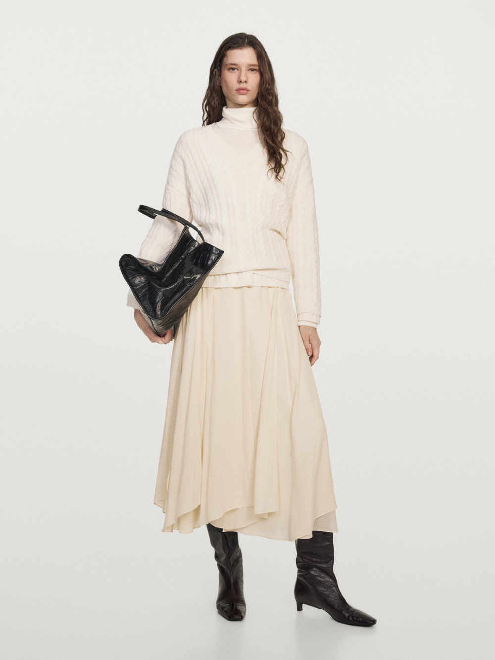 Massimo Dutti Струящаяся юбка миди с оборками, кремовый