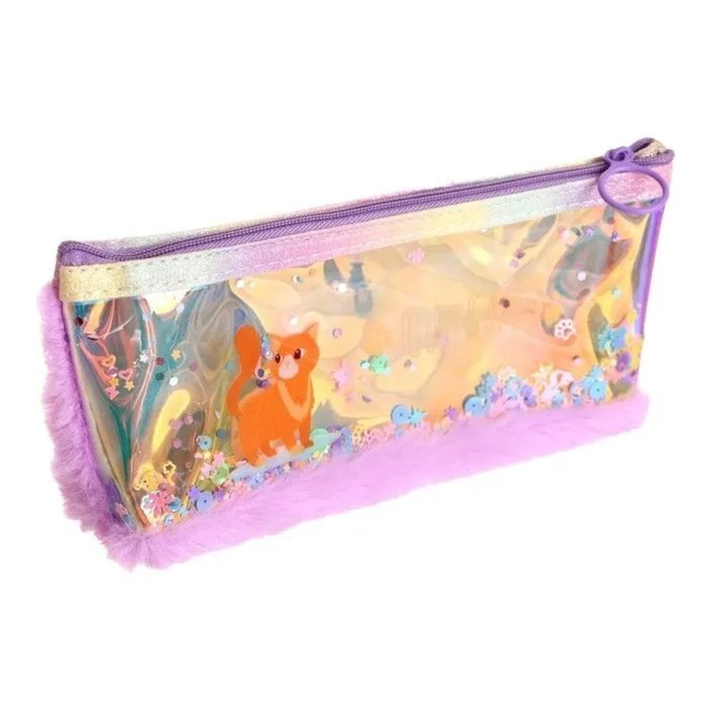 Пенал - косметичка Alingar, мех/голографика, молния, 90х200мм, "Cute cat", микс (кошечки)