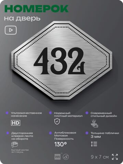 Номерок на дверь квартиры 432, для кабинета, офиса, шильдик 9 х 7 см, брашированная сталь, Айдентика Технолоджи