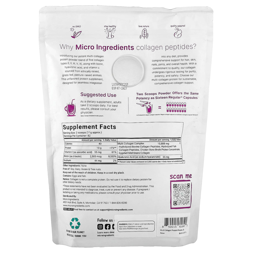 Micro Ingredients, Мультиколлагеновые пептиды, тип I, II, III, V, X, без добавок, 907 г (2 фунта)