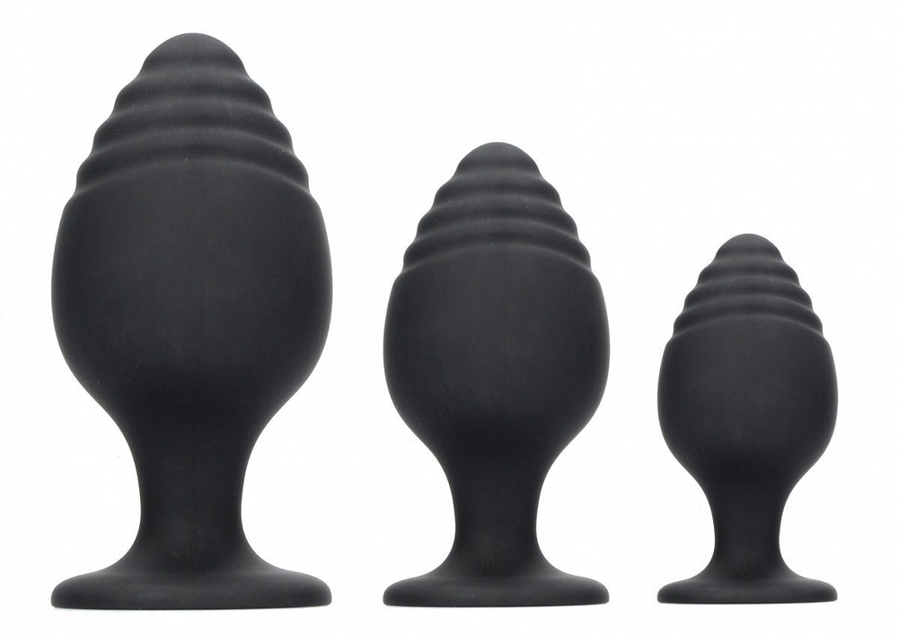 Набор из 3 черных анальных пробок Rippled Butt Plug Set