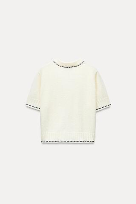 ZARA КАРДИГАН С КОРОТКИМИ РУКАВАМИ И ДЕКОРАТИВНОЙ СТРОЧКОЙ, БЕЛЫЙ