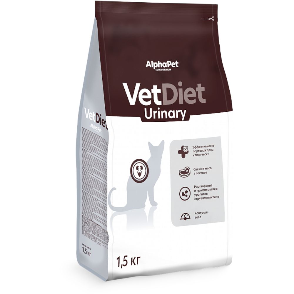 Сухой корм AlphaPet VET DIET для взрослых кошек URINARY при заболеваниях нижних отделов мочевыводящих путей - 1,5 кг