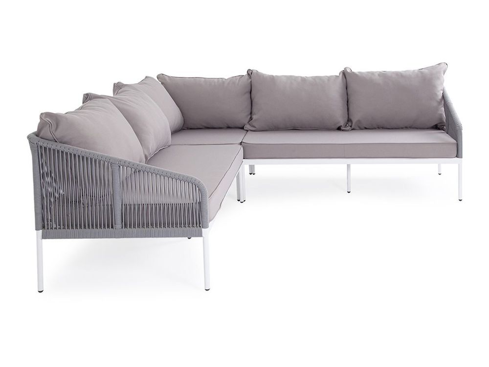 "Канны" диван модульный плетеный из роупа, каркас алюминий белый, роуп светло-серый круглый, ткань светло-серая