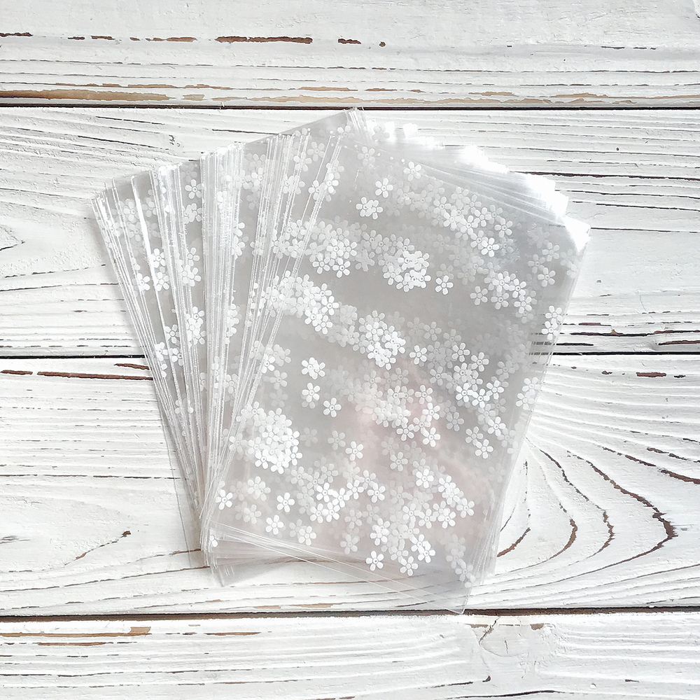 Прозрачный пакет 10х15 см (белые цветы), 100 шт