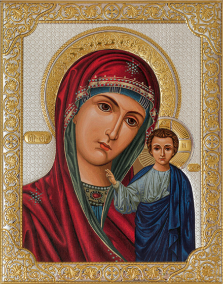 Казанская БМ, икона прямоугольная без рамки, античная 125х165