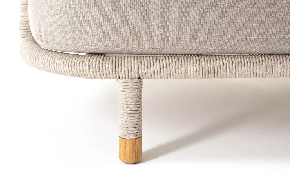 "Верона" диван 3-местный плетеный из роупа, каркас алюминий белый муар, роуп бежевый круглый, ткань бежевая 052