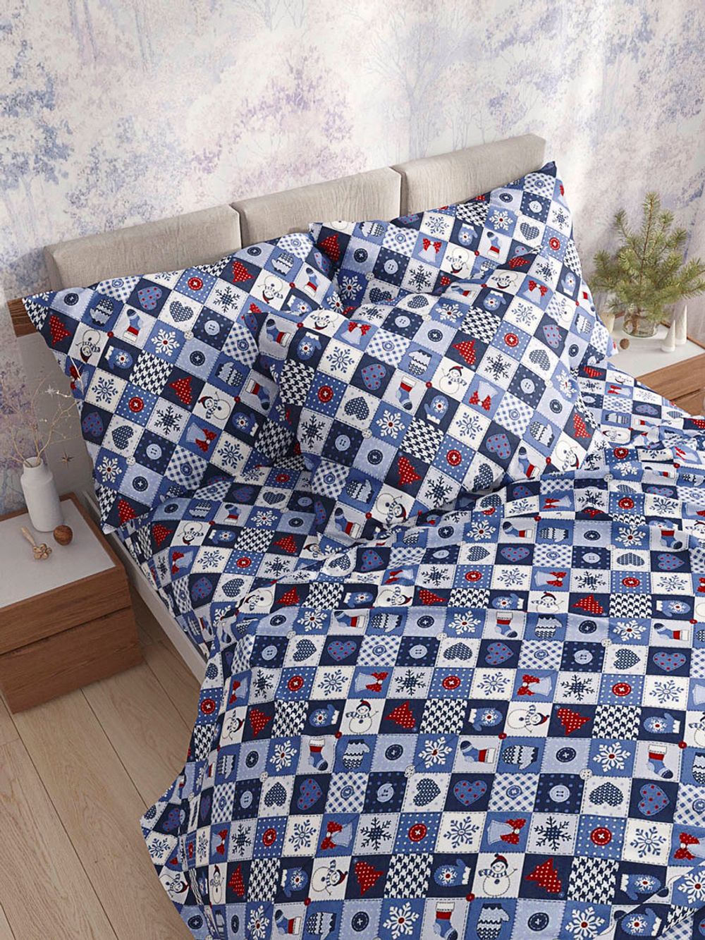 Простынь на резинке Сказка "Новогодний пэчворк" 140х200 см, перкаль