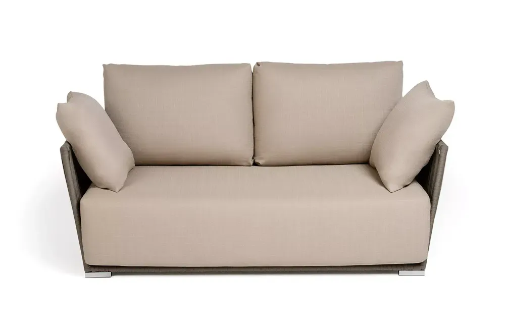 "Форли" диван 2-местный плетеный из роупа, каркас алюминий светло-серый (RAL7035) муар, роуп серо-коричневый 23мм, ткань Mossle бежевая