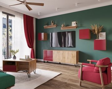 Гостиная модульная ЛИВЕРПУЛЬ-2 дуб вотан / бордо глянец