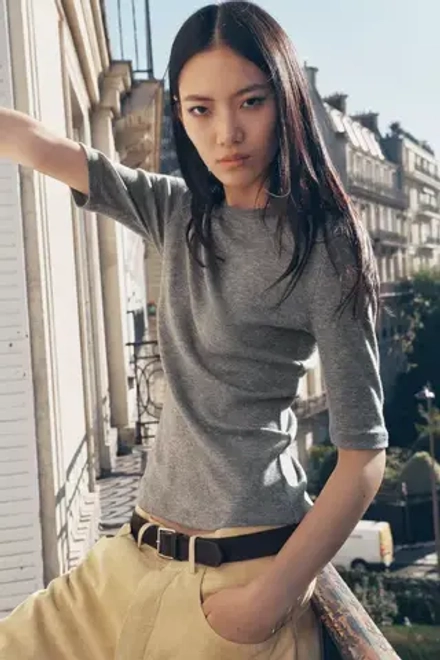 ZARA ФУТБОЛКА ИЗ МЯГКОЙ 100% ШЕРСТИ, СЕРЫЙ С МЕЛАНЖЕВЫМ ЭФФЕКТОМ