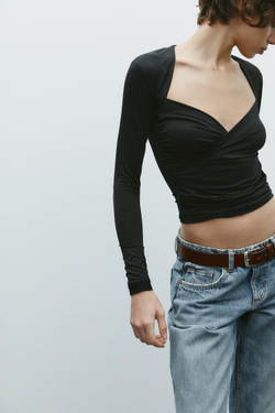 ZARA ТОП ИЗ ПОЛИАМИДА СО СБОРКАМИ, ЧЕРНЫЙ