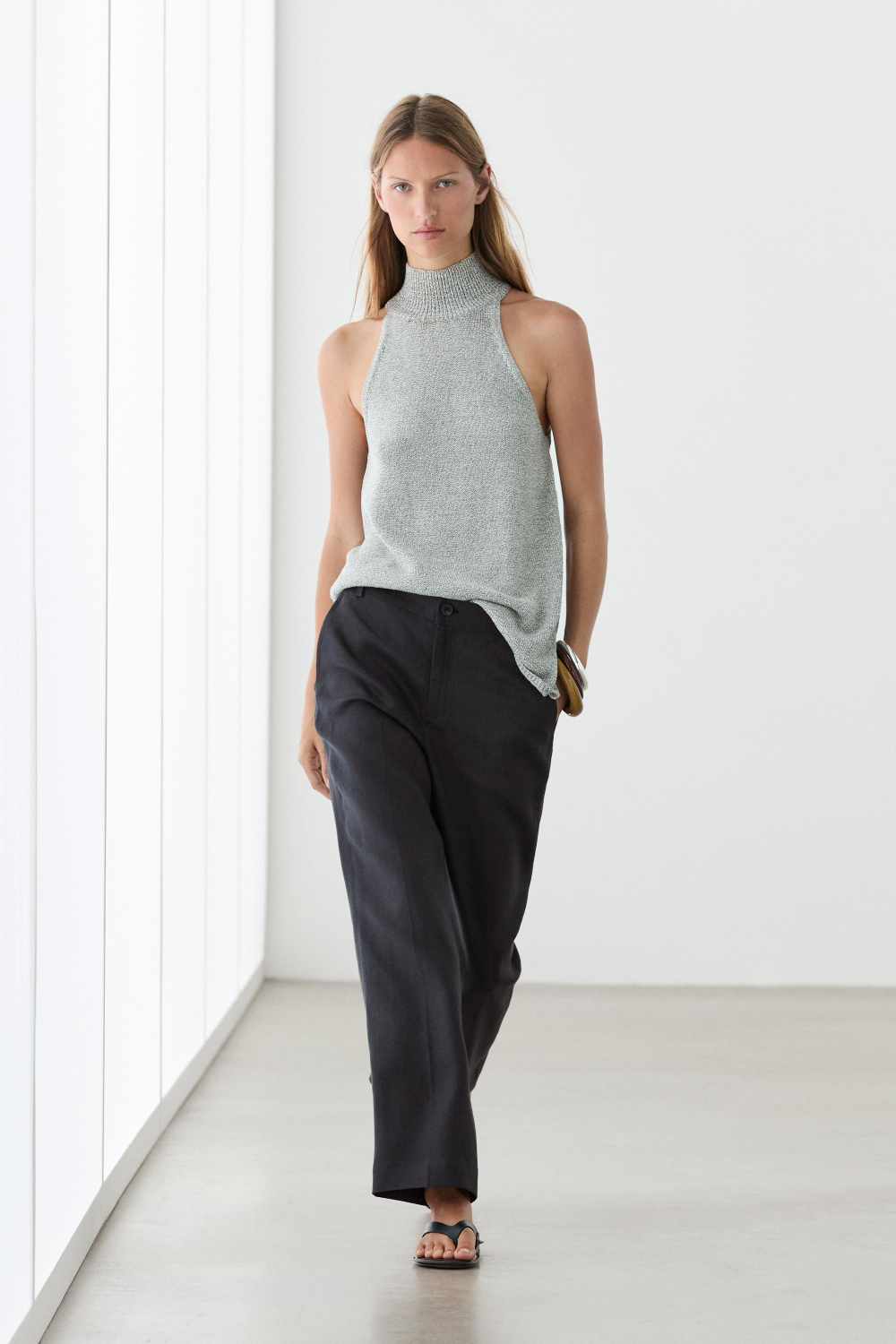 Massimo Dutti Укороченные брюки клеш из льна, темно-синий