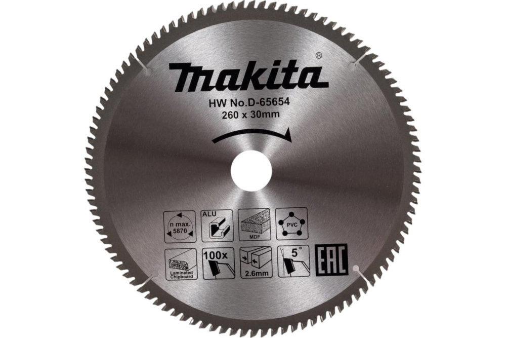 Пильный диск универсальный для алюминия/дерева/пластика, 260x30x2.6/1.8x100T Makita D-65654