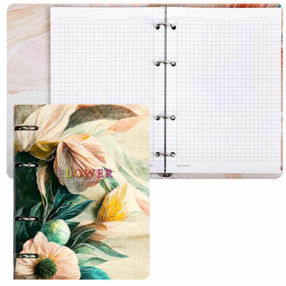 Тетрадь на кольцах А5 160х212 мм, 120 листов, картон, фольга, клетка, BRAUBERG, "Delicate flowers", 404737