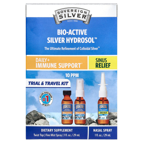 Sovereign Silver, Bio-Active Silver Hydrosol ™, Daily + Immune Support, для облегчения состояния носовых пазух, пробный и дорожный набор, набор из 3 предметов, 29 мл (1 жидк. Унция)