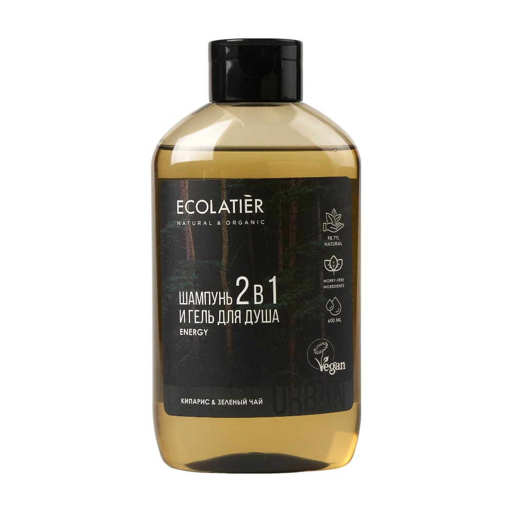 Мужской гель для душа и шампунь 2 в 1 Кипарис и Зеленый чай URBAN 600мл (ECOLATIER)