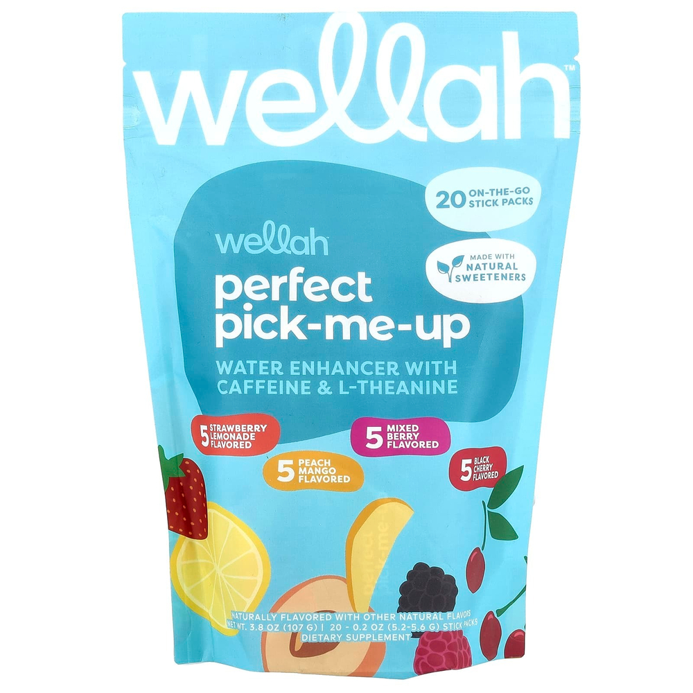 Wellah, Perfect Pick-Me-Up, водоочиститель с кофеином и L-теанином, разнообразные продукты, 20 стиков, 5,2–5,6 г (0,2 унции)
